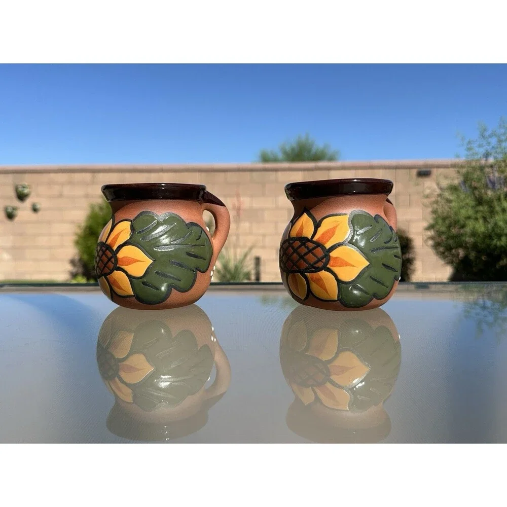 2 Mexican Clay Pottery Coffee Mug Hand Painted Jarrito Barro Sunflower Glaze